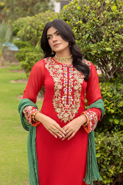 Red Hand Embroidered Pure Chiffon Suit
