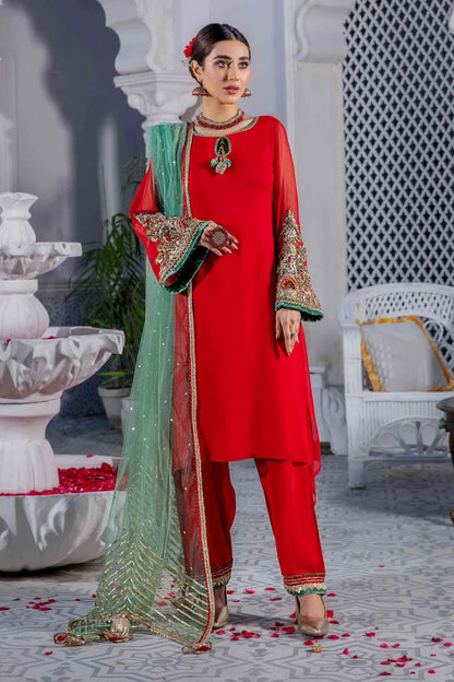Red Readymade Pure Chiffon Suit