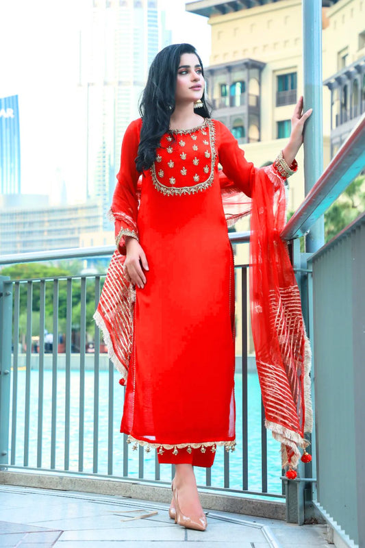 Red Hand Embroidered Chiffon Suit