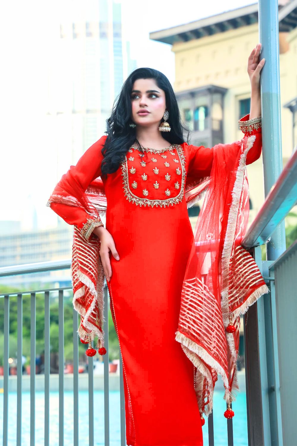 Red Readymade Chiffon Suit