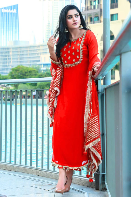 Red Hand Embroidered Chiffon Suit