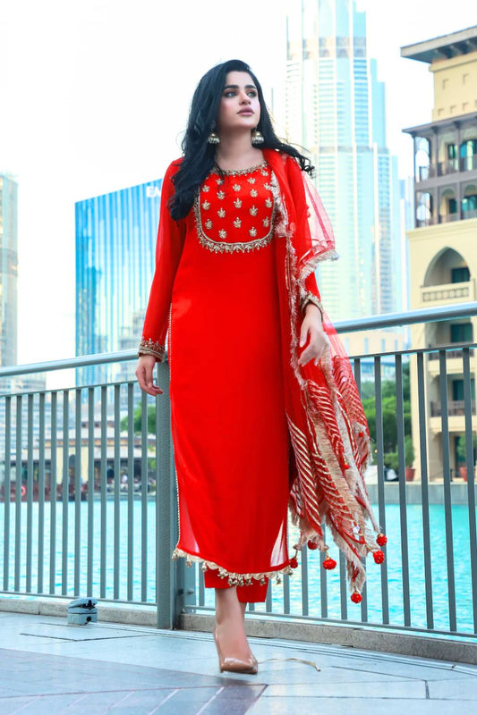 Red Hand Embroidered Chiffon Suit