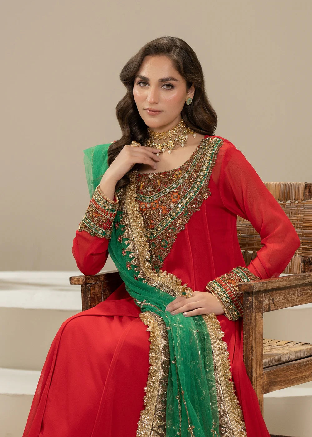 Hand Embroidered Red Pure Chiffon Suit