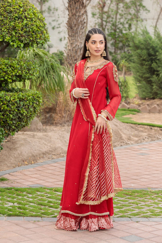 Red Handmade Pure Crinkle Chiffon Sharara