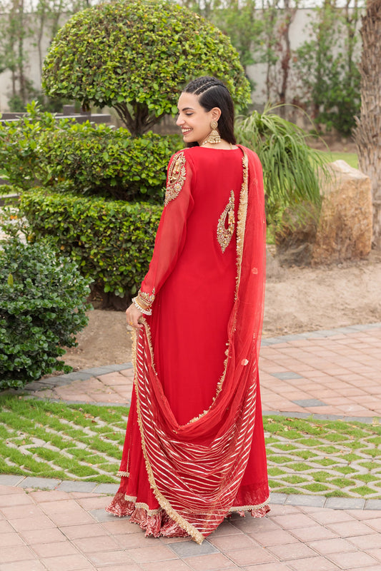 Red Handmade Pure Crinkle Chiffon Sharara