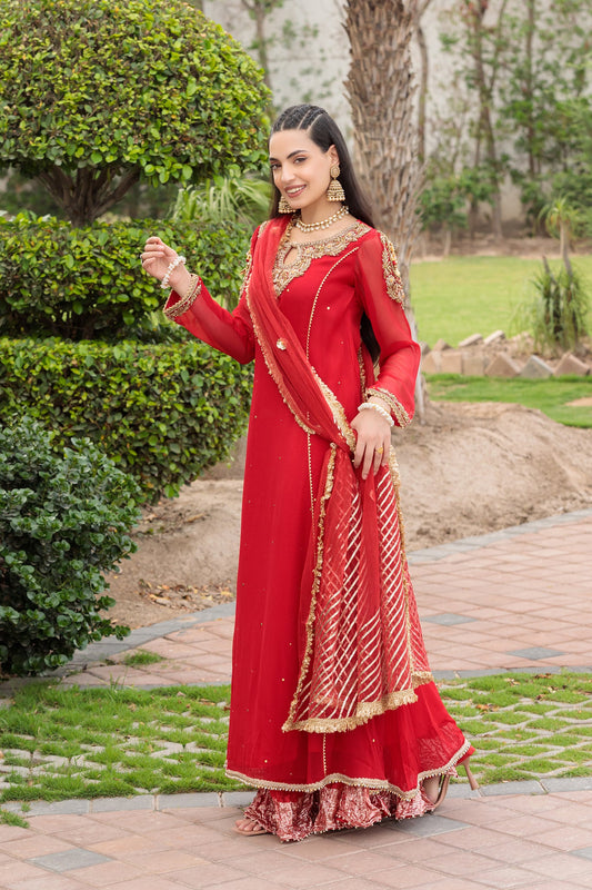 Red Handmade Pure Crinkle Chiffon Sharara