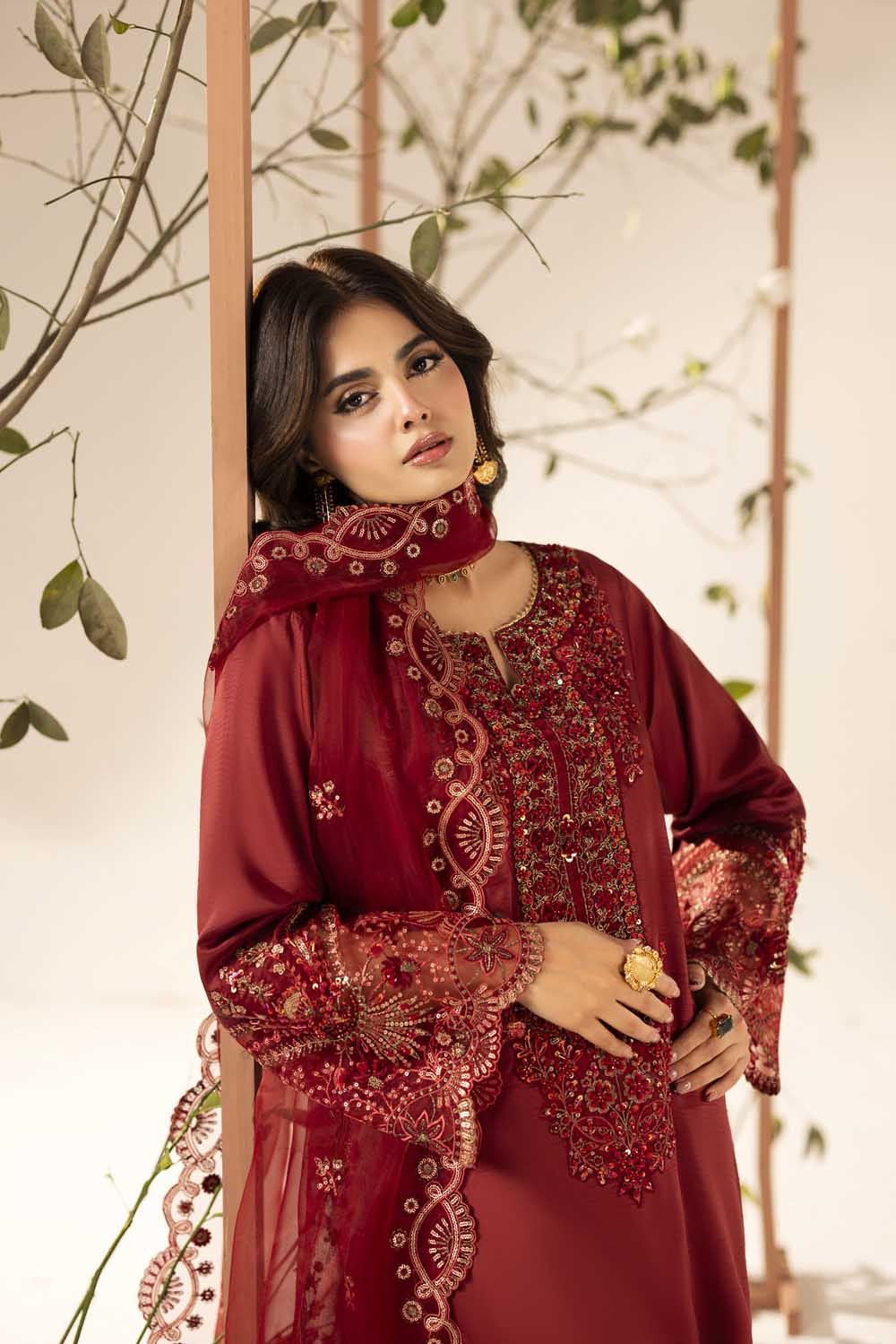 Red Hand Embellished & Embroidered Raw Silk Suit with Potil