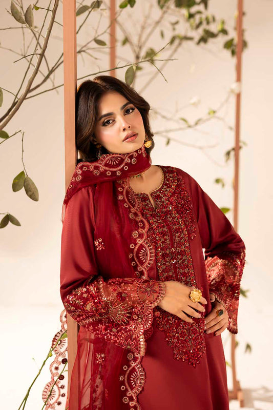 Red Hand Embellished & Embroidered Raw Silk Suit with Potil