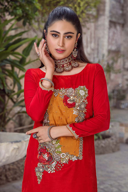 Red Hand Embroidered Micro Velvet Suit