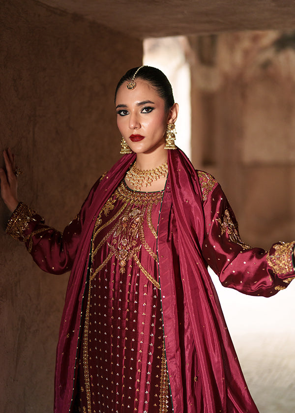 Regal Maroon Embroidered Charmuse Silk Three Piece Suit Online in Dubai DXB UAE Abudhabi Meena Bazaar