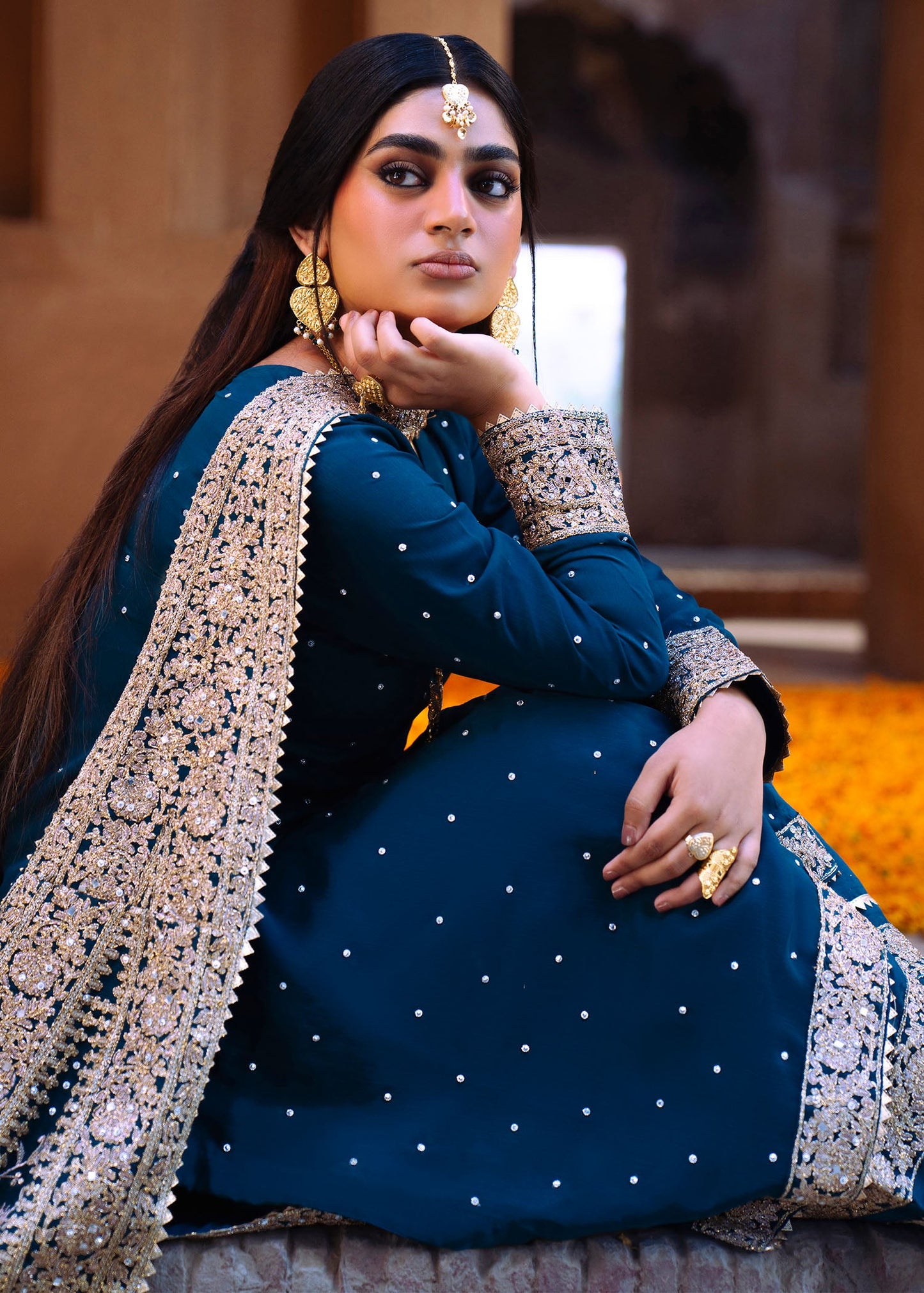 Regal Teal Embellished Chiffon Straight Cut Kameez Online in Dubai DXB UAE Abudhabi Meena Bazaar