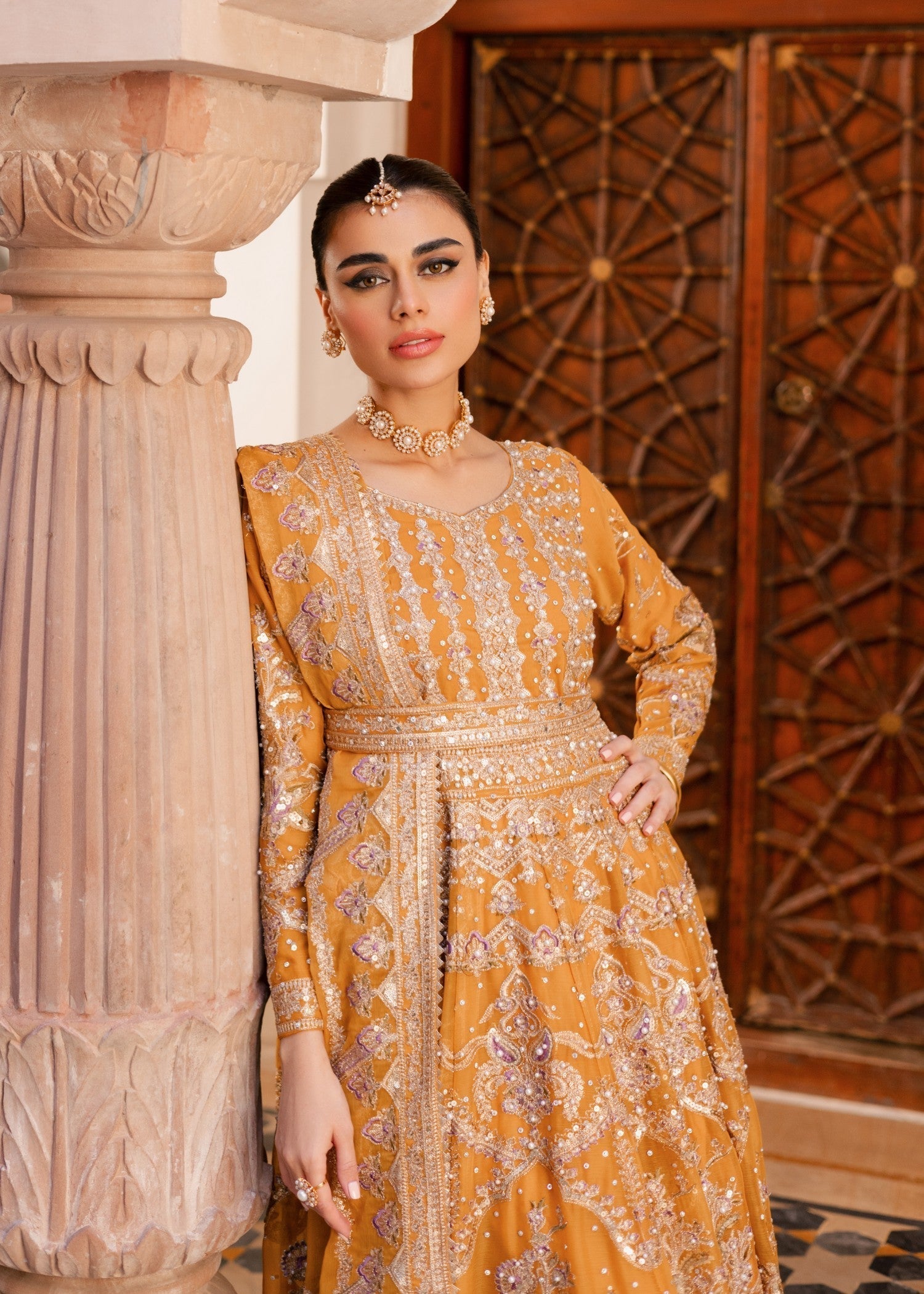 Rich Mustard Embellished Chiffon Gown Online in UK USA Canada