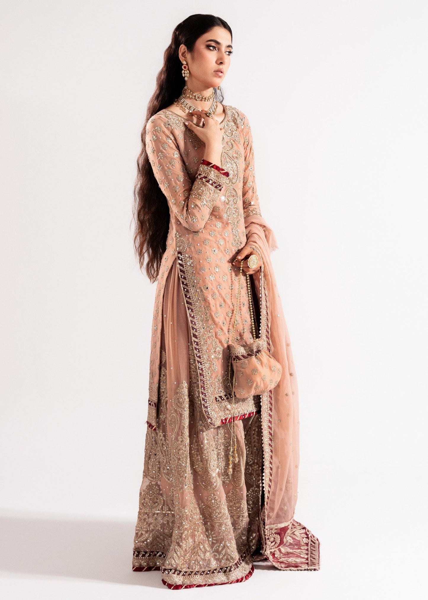 Rose Gold Embroidered Chiffon Wedding Outfit Online in Sri Lanka India Australia