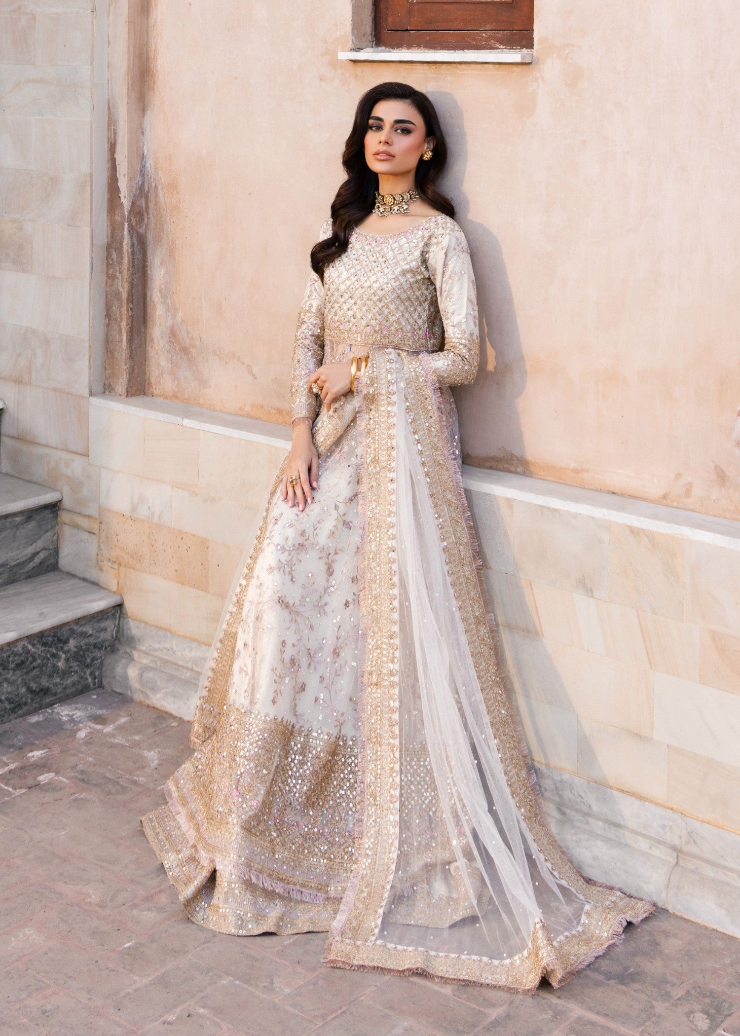 Rose Gold Sequins Net Pishwas Online in UK USA Canada