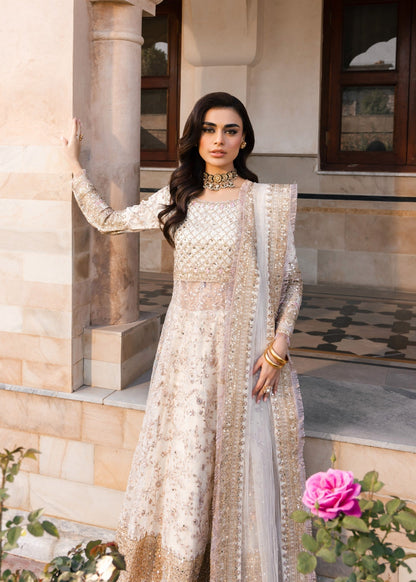 Rose Gold Zari Work Net Wedding Suit Online in KSA Riyadh Saudi Arabia Oman Bahrain Qatar