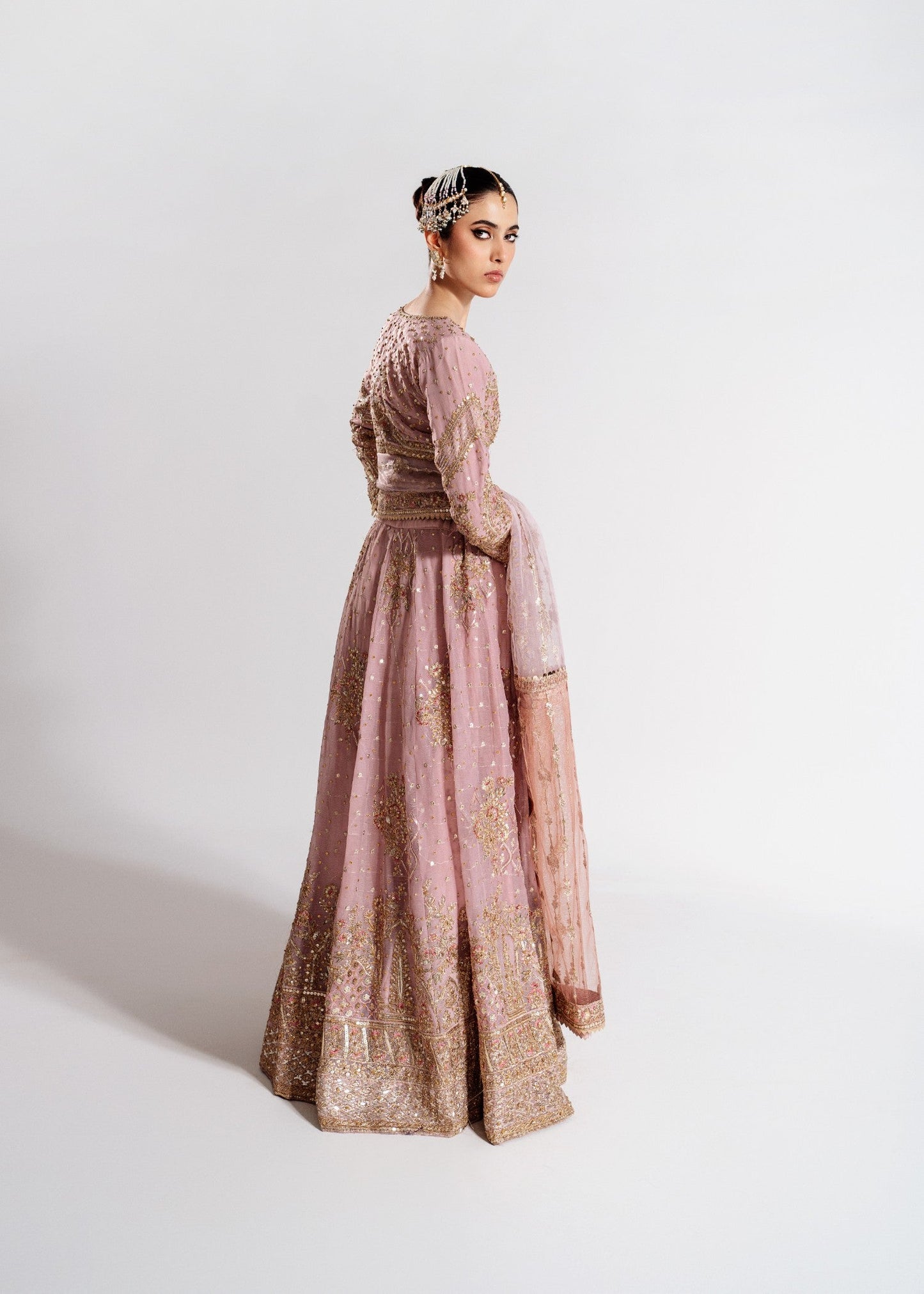 Rose Pink Embellished Lehenga Choli with Full Sleeves Online in KSA Riyadh Saudi Arabia Oman Bahrain Qatar