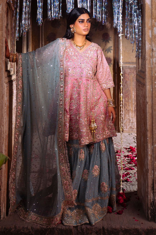 Rose Pink Embroidered Charmuse Gharara Suit Online in Dubai UAE Abudhabi Ajman Sharjah