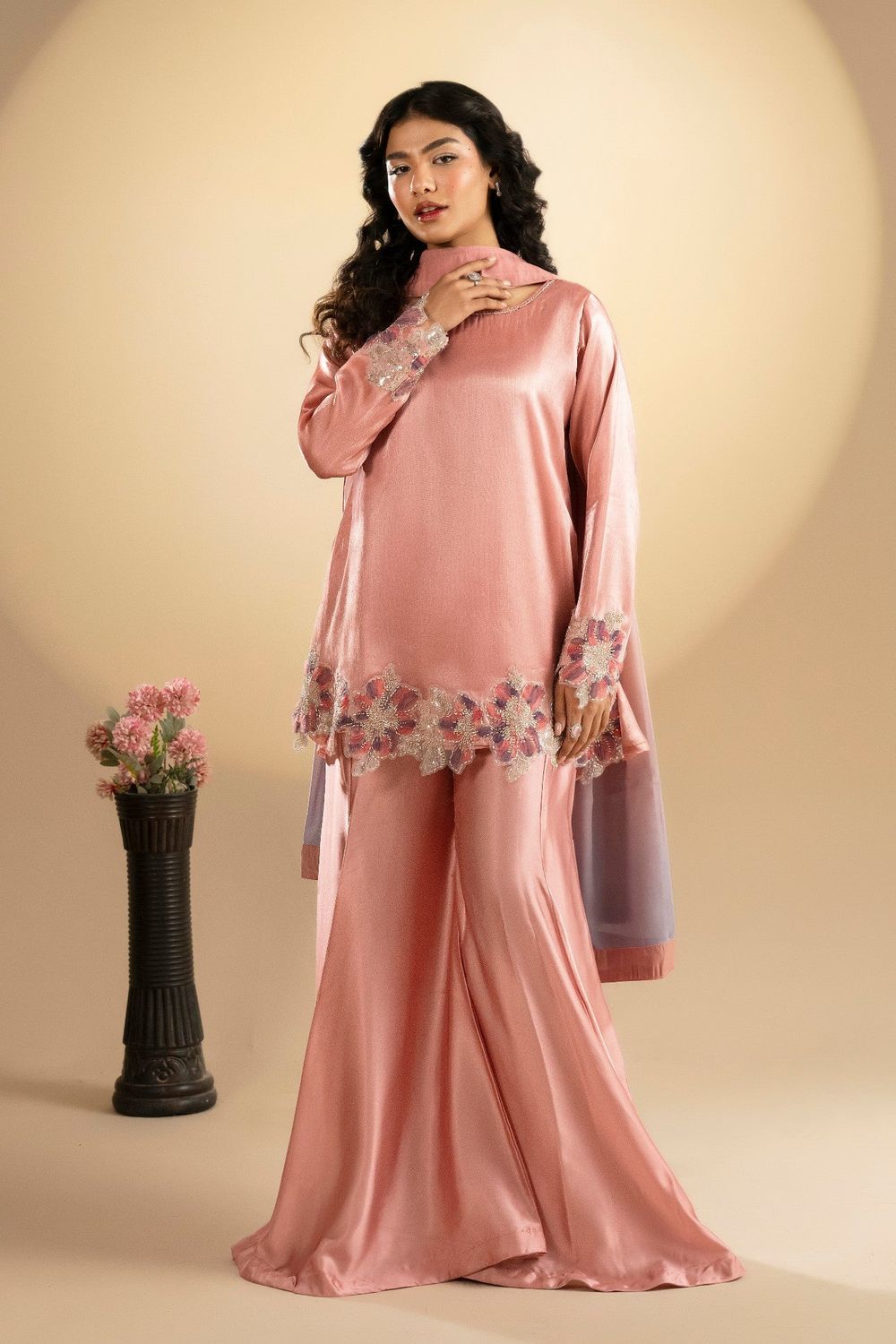 Rose Pink Embroidered Tissue Silk Sharara Online in Dubai UAE Abudhabi Ajman Sharjah