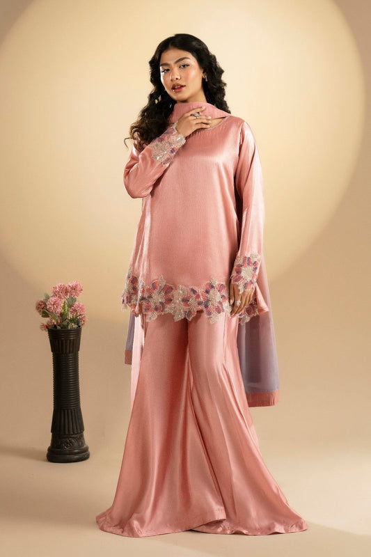Rose Pink Embroidered Tissue Silk Sharara Online in Dubai UAE Abudhabi Ajman Sharjah