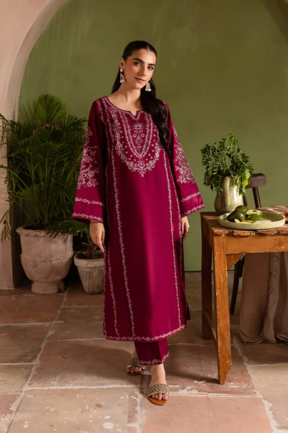 Rose Red Embroidered Cotton Kurta Set Online in Dubai UAE Abudhabi Ajman Sharjah