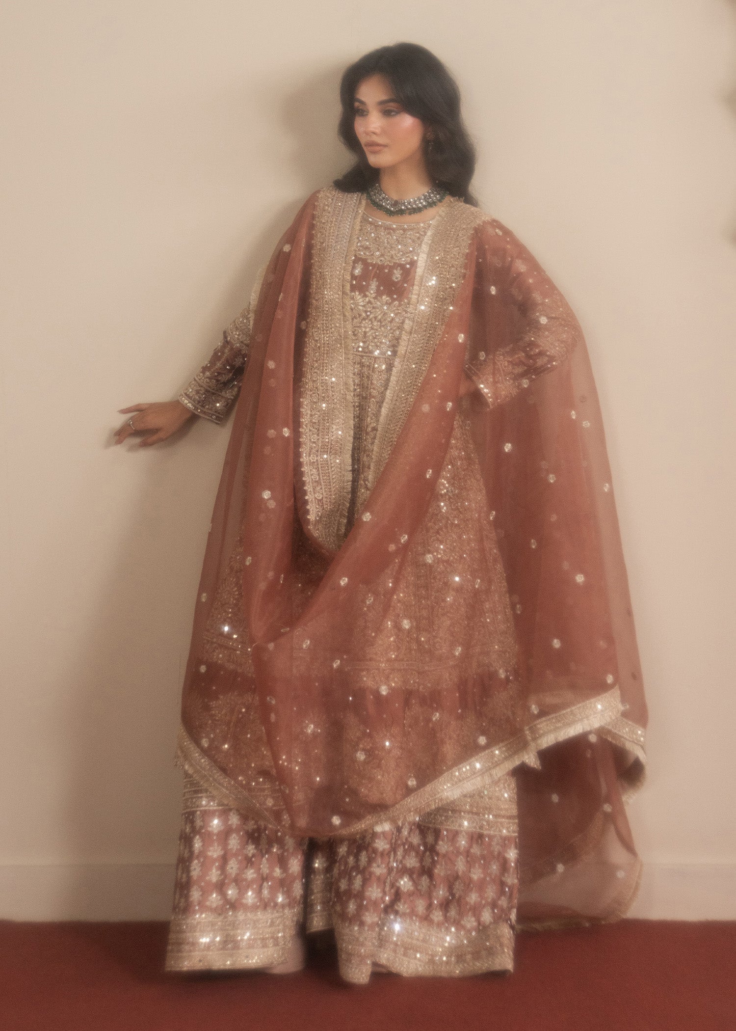Rosewood Hand Embellished Organza Pishwas Suit Online in Dubai DXB UAE Abudhabi Meena Bazaar