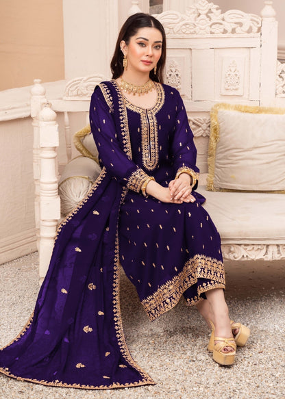 Royal Amethyst Embroidered Chiffon 3 Piece Suit Online in Sri Lanka India Australia
