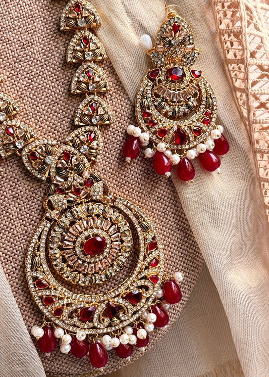 Royal Aura Maroon Bridal Jewellery Set Online in KSA Riyadh Saudi Arabia Oman Bahrain Qatar