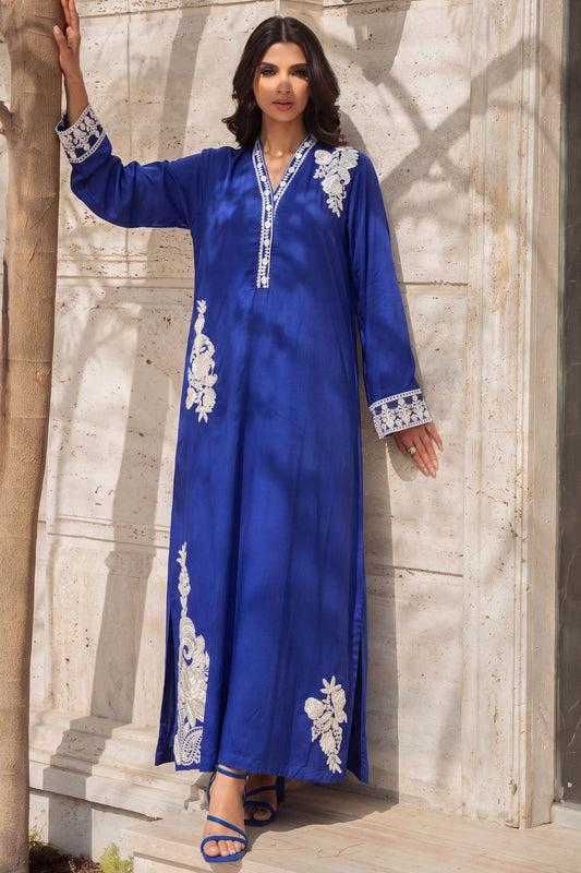 Royal Blue Embroidered Linen Kaftan Online in Dubai UAE Abudhabi Ajman Sharjah