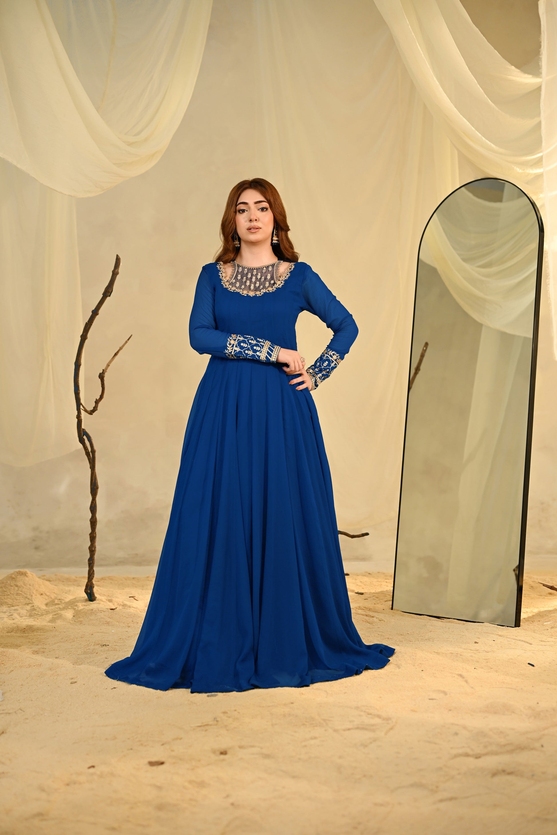 Royal Blue Golden Floral Embroidered Chiffon Suit Online in Dubai DXB UAE Abudhabi Meena Bazaar