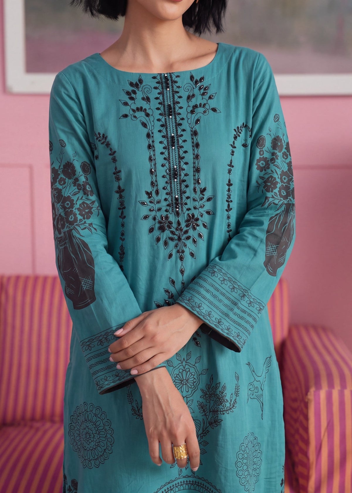 Royal Blue Lawn Embroidered Kaftan Online in UK USA Canada