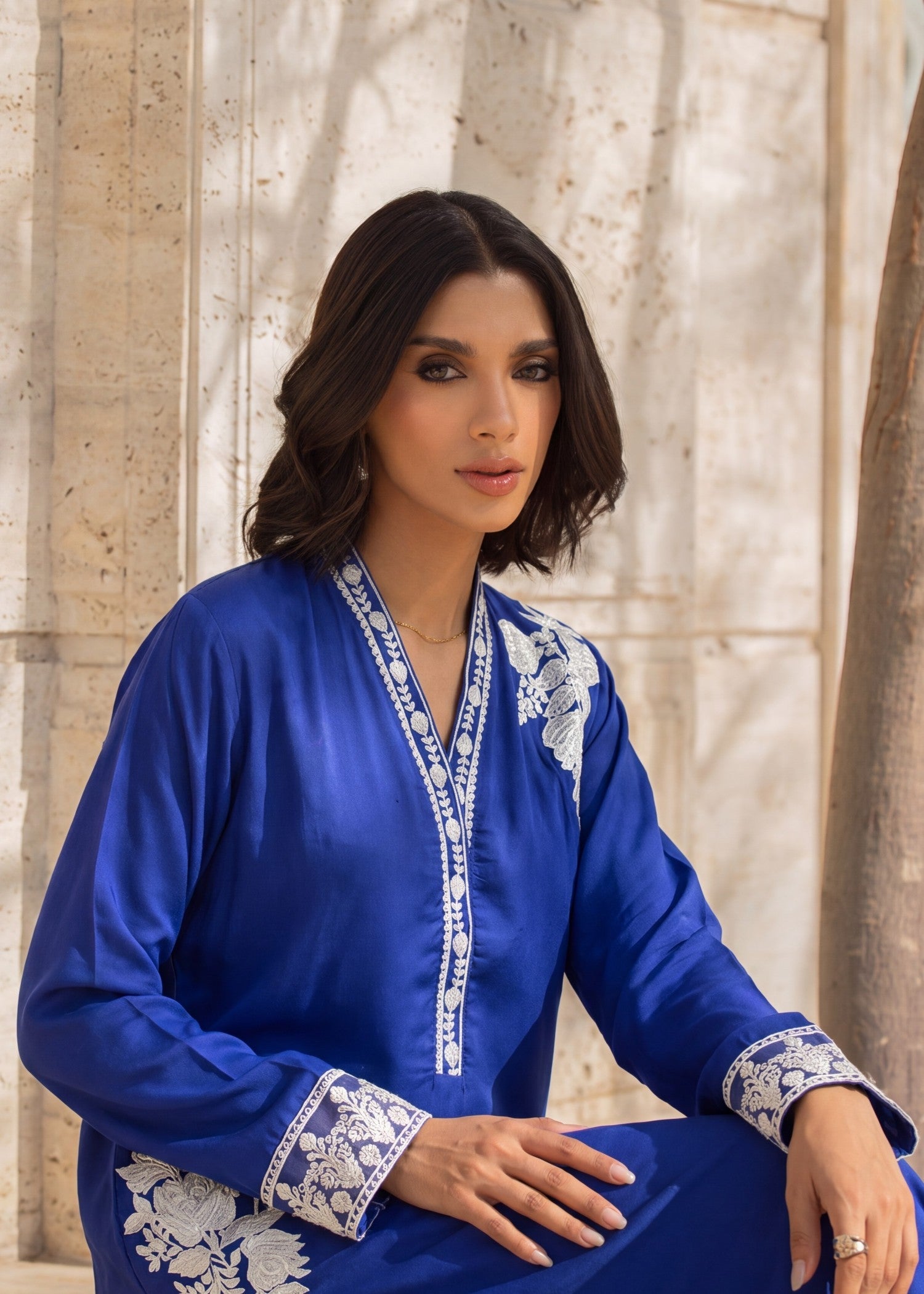 Royal Blue Linen Embroidered Kaftan Online in UK USA Canada
