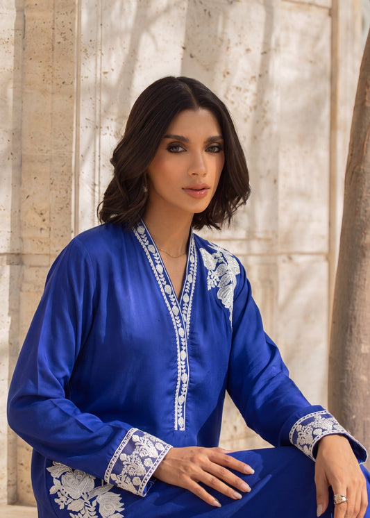 Royal Blue Linen Embroidered Kaftan Online in UK USA Canada