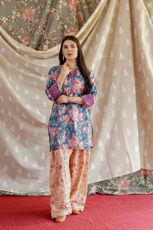 Royal Blue Printed Lawn Kurta Set Online in Dubai UAE Abudhabi Ajman Sharjah