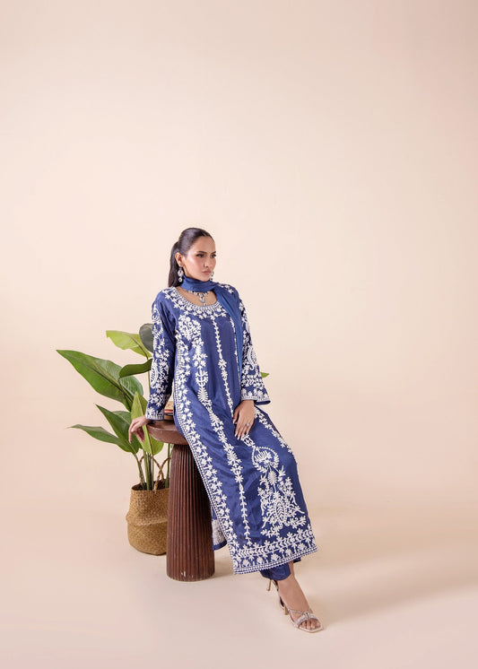 Royal Blue Raw Silk Embroidered Suit Online in Dubai DXB UAE Abudhabi Meena Bazaar