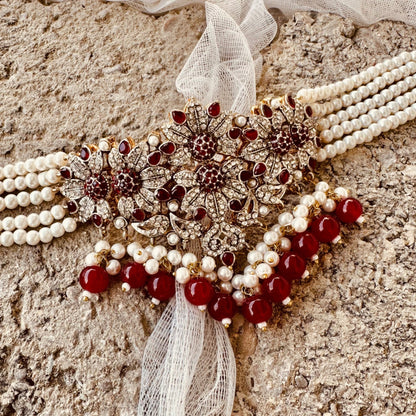Royal Maroon Choker with Earrings and Tikka Online in KSA Riyadh Saudi Arabia Oman Bahrain Qatar