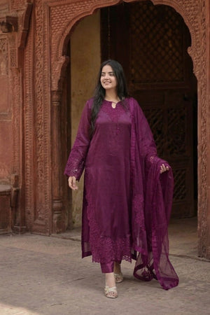 Royal Purple Embroidered Silk Pakistani Suit Online in Dubai UAE Abudhabi Ajman Sharjah