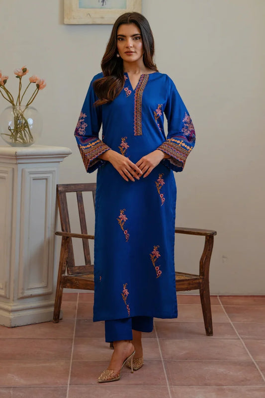 Royal Blue Embroidered Cotton Kurta Set