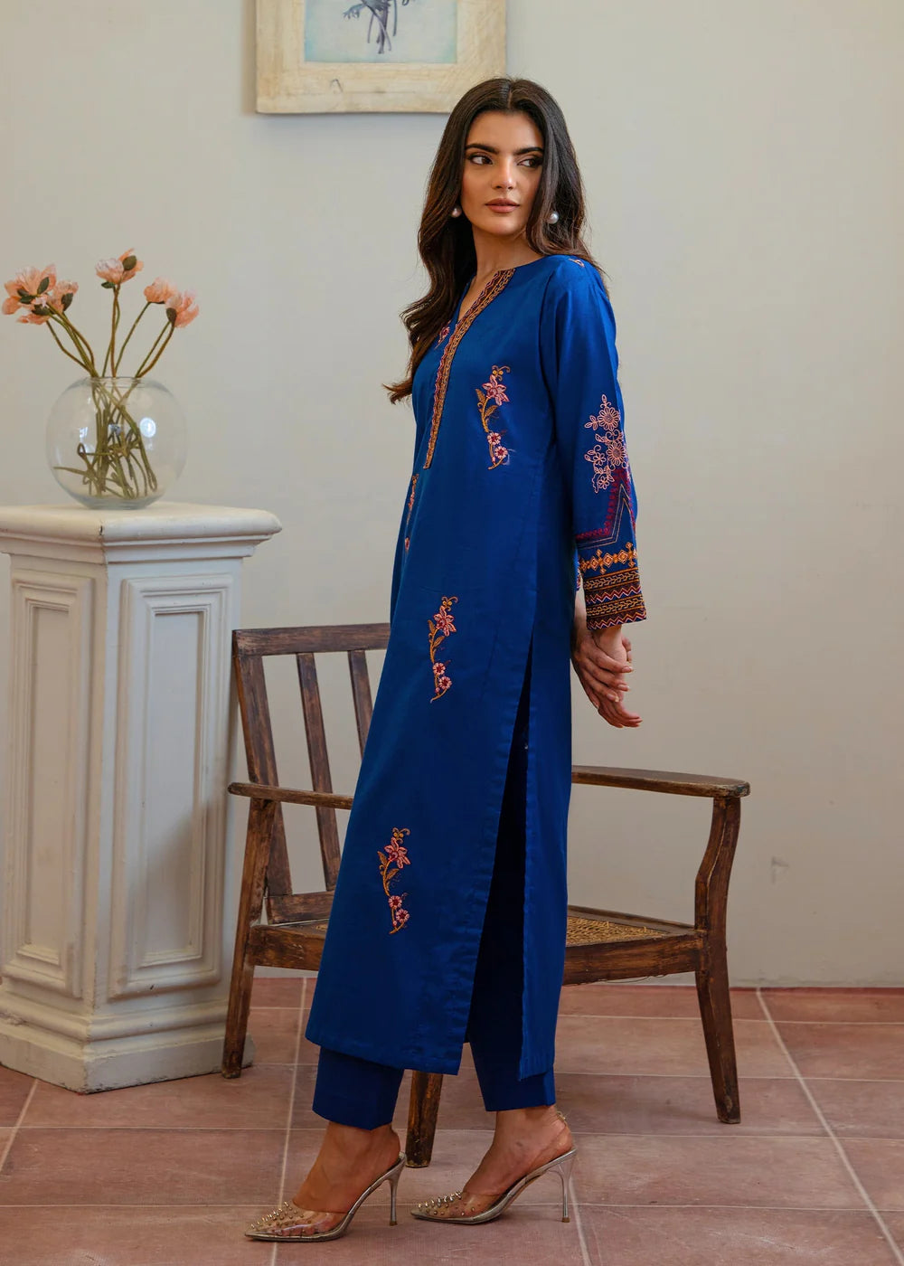 Royal Blue Embroidered Cotton Kurta Set