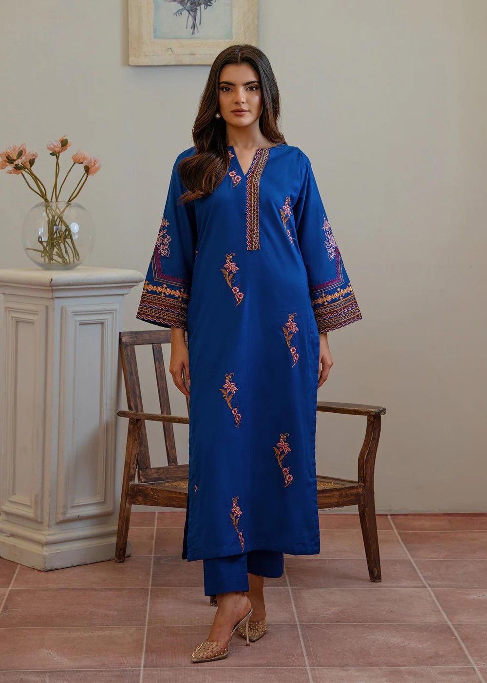 Royal Blue Embroidered Cotton Kurta Set