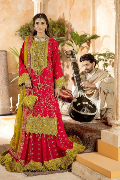 Ruby Red Embroidered Chiffon Wedding Guest Lehenga Online in Dubai UAE Abudhabi Ajman Sharjah