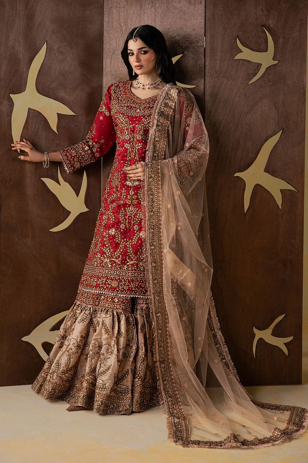 Ruby Red Embroidered Silk Gharara Suit Online in Dubai UAE Abudhabi Ajman Sharjah