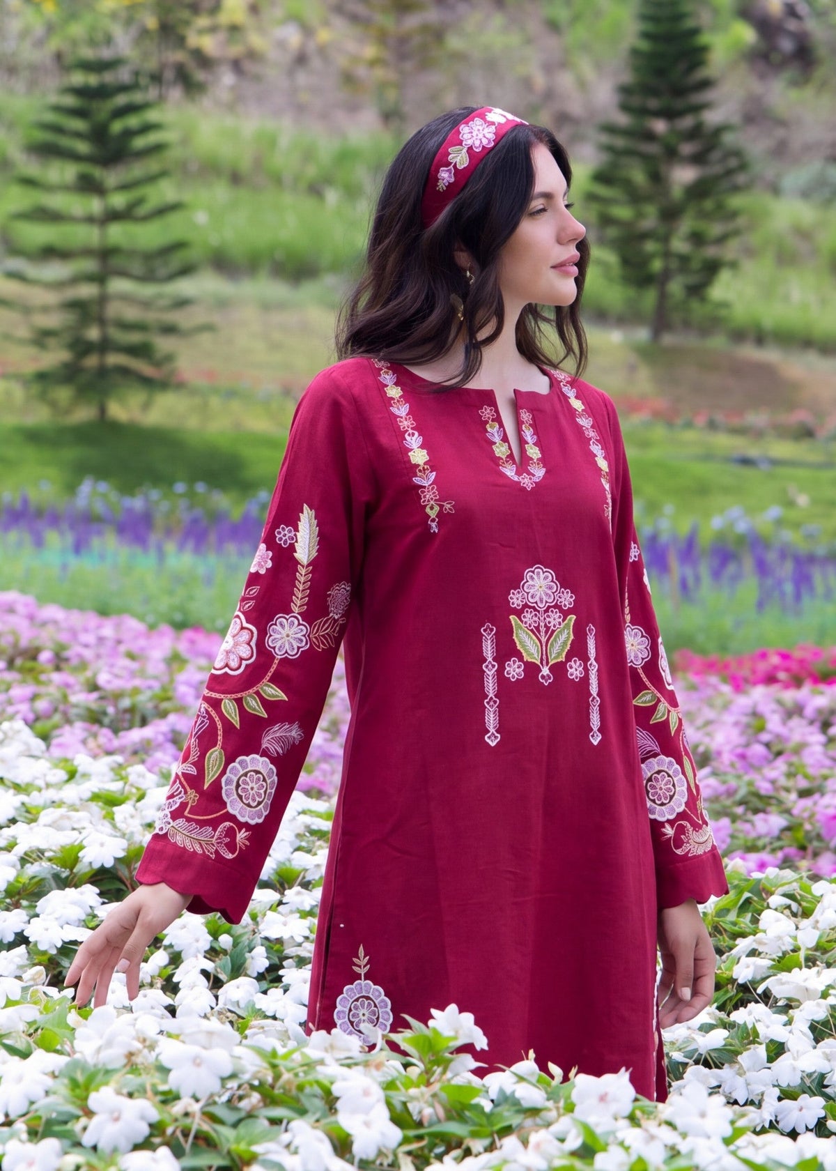 Ruby Red Embroidered Winter Kaftan Online in Dubai DXB UAE Abudhabi Meena Bazaar