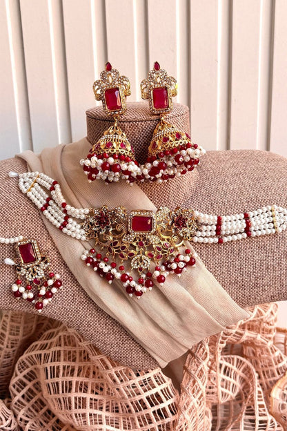 Ruby Red Metal Choker Necklace Set Online in Dubai UAE Abudhabi Ajman Sharjah