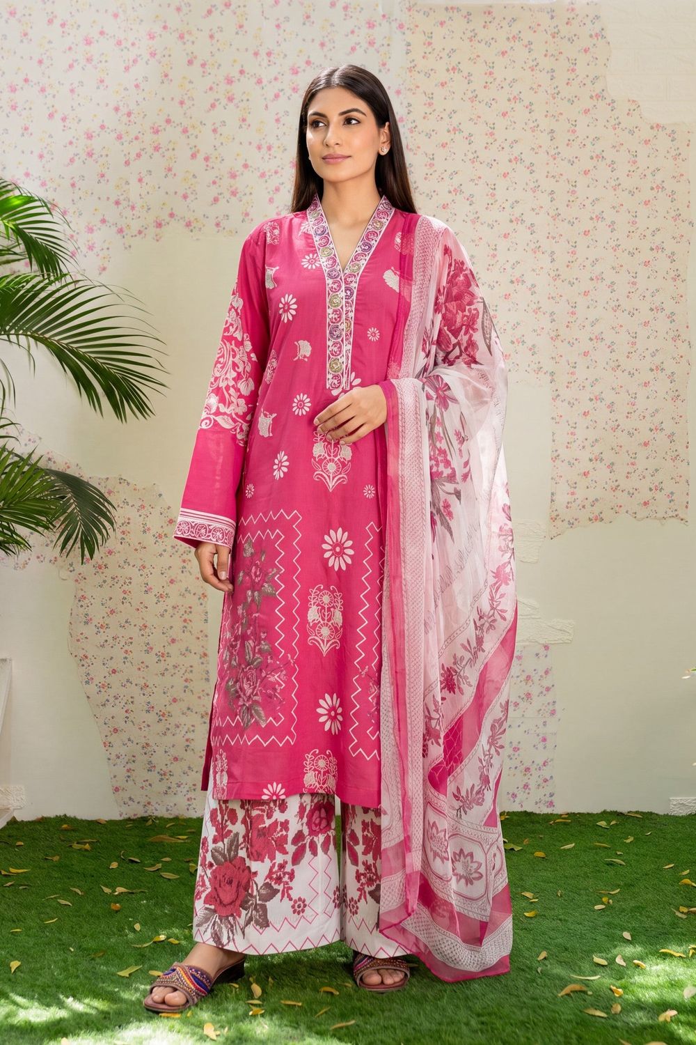 Ruby Red Printed Lawn Salwar Suit Online in Dubai UAE Abudhabi Ajman Sharjah