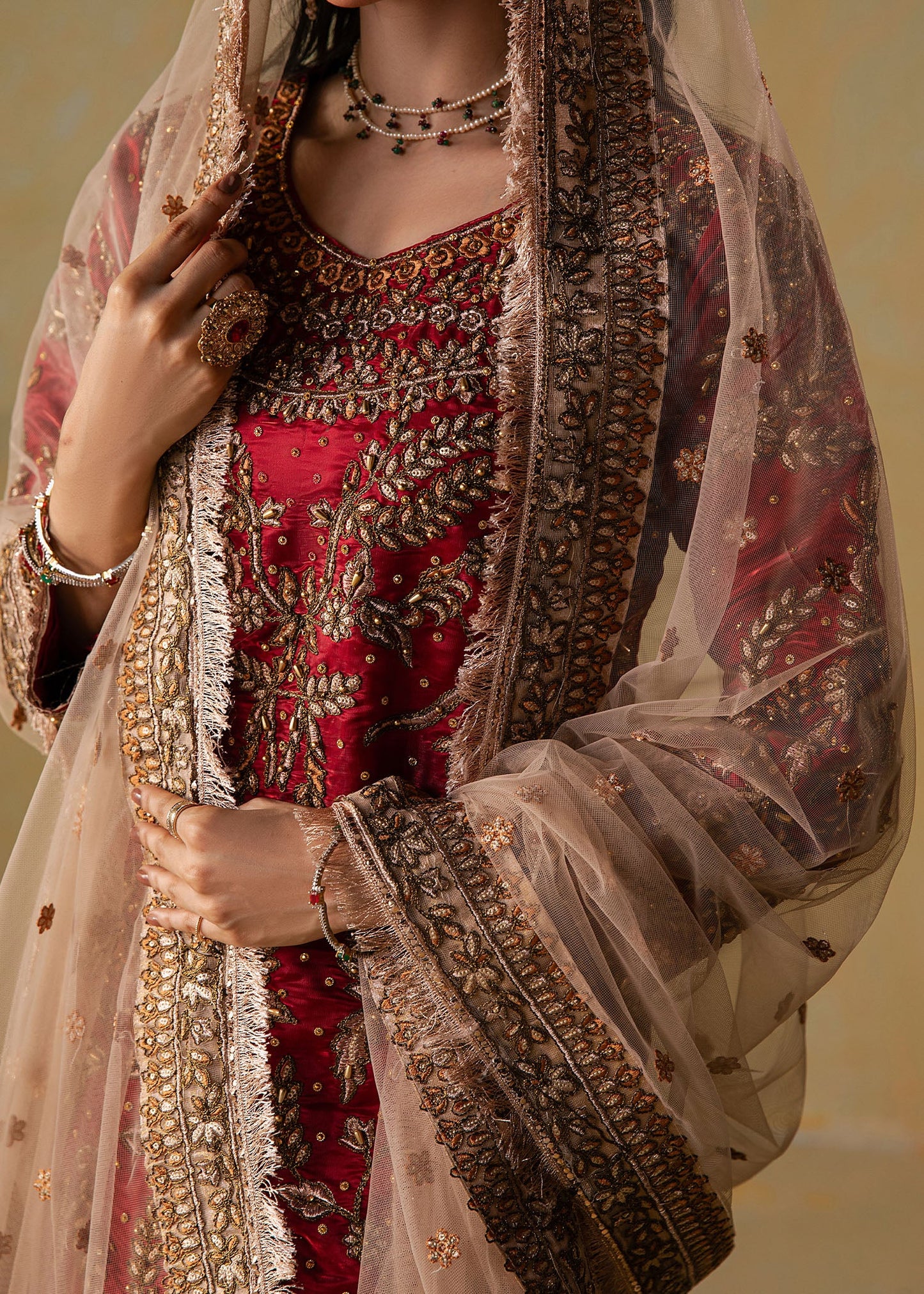 Ruby Red Silk Gharara with Net Dupatta Online in Dubai DXB UAE Abudhabi Meena Bazaar