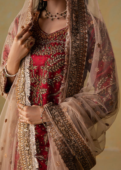 Ruby Red Silk Gharara with Net Dupatta Online in Dubai DXB UAE Abudhabi Meena Bazaar