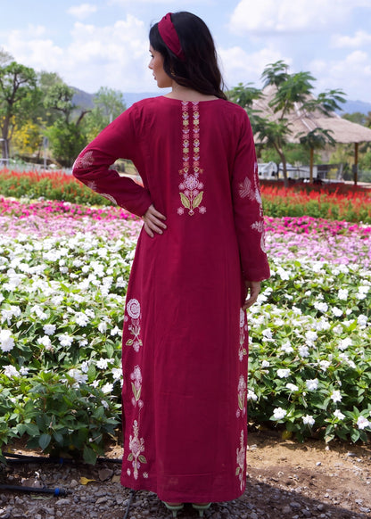 Ruby Red Winter Wear Khaddar Kaftan Online in KSA Riyadh Saudi Arabia Oman Bahrain Qatar