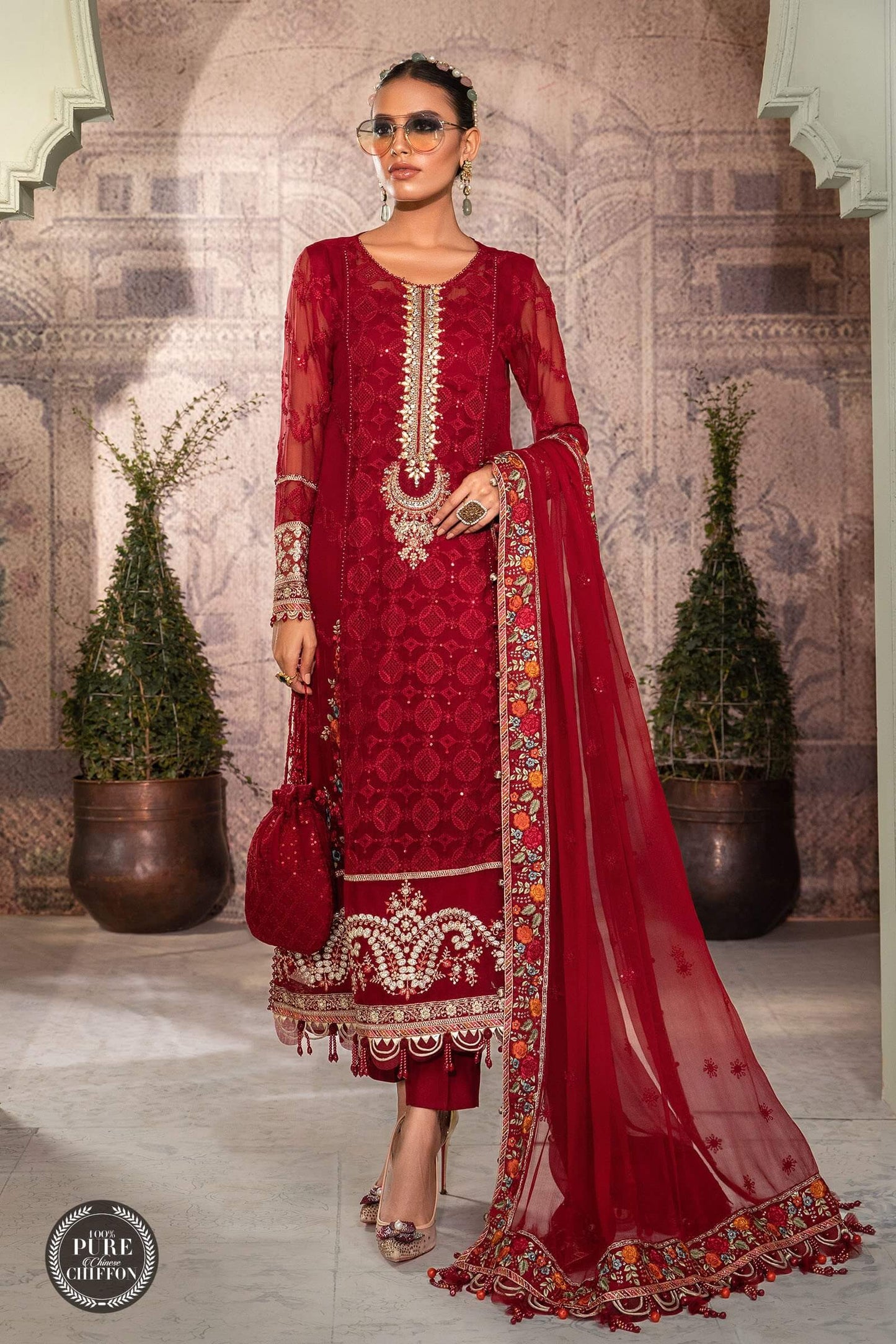 Ruby Red Pure Chiffon Suit