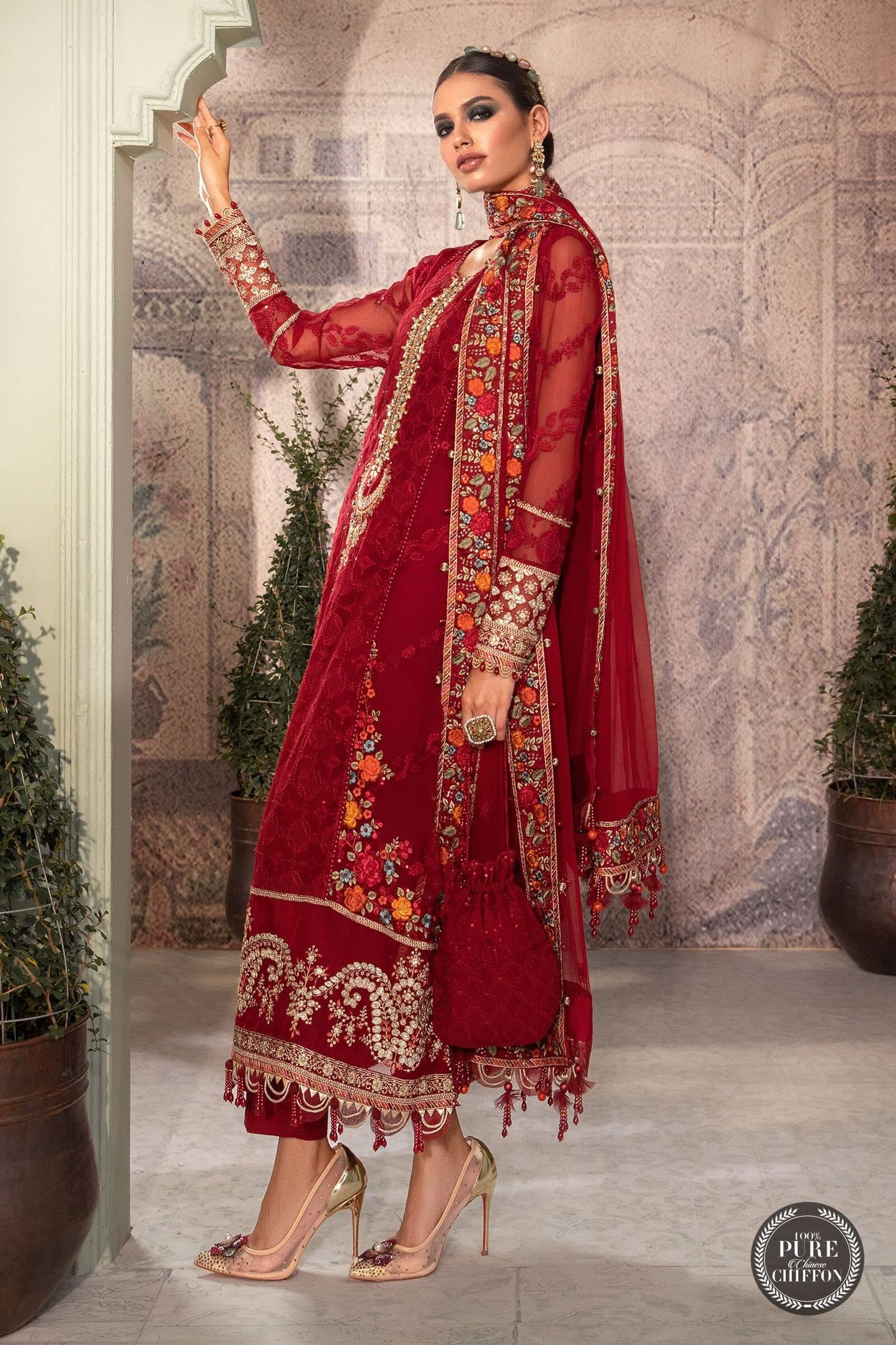 Ruby Red Pure Chiffon Suit