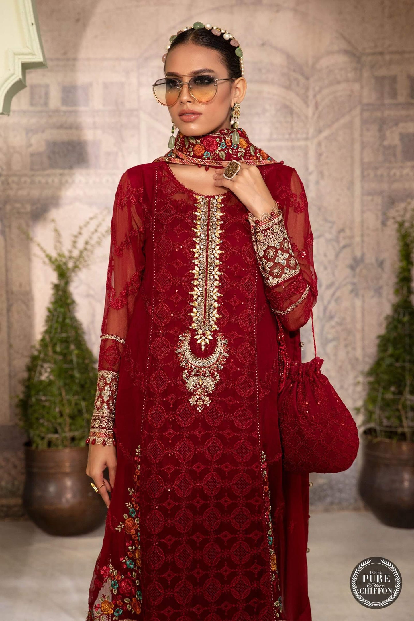 Ruby Red Pure Chiffon Suit